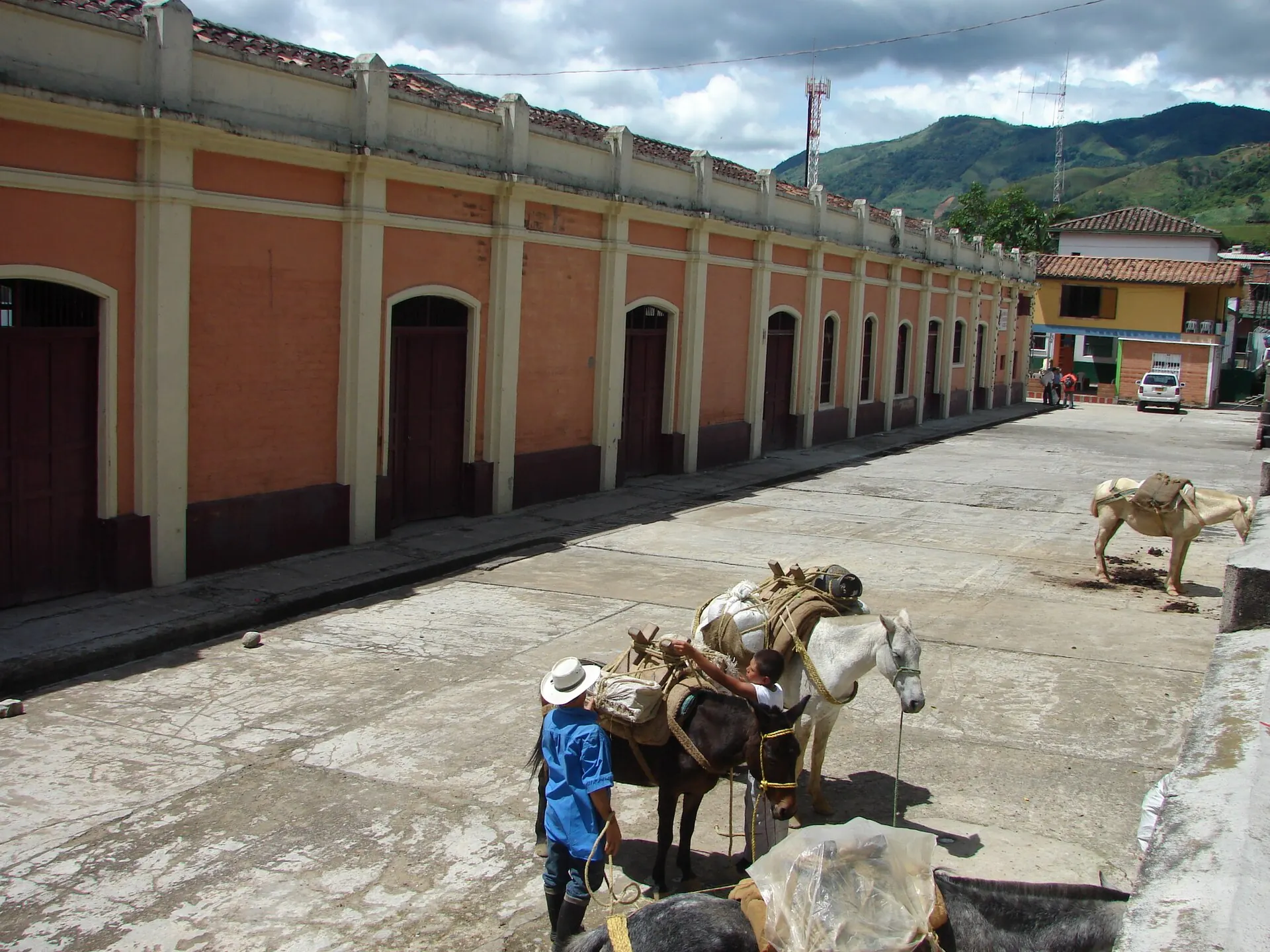 Arriero con mulas cargadas frente a la larga fachada de la estación; calle de concreto y montañas al fondo.