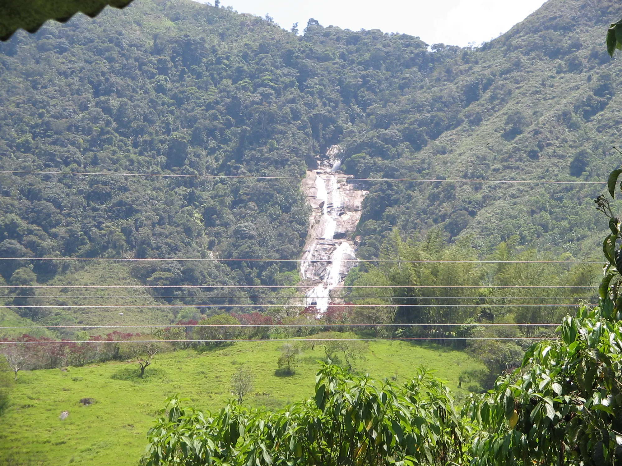 Cascada que baja por la montaña boscosa vista desde un potrero, con cables eléctricos en primer plano.