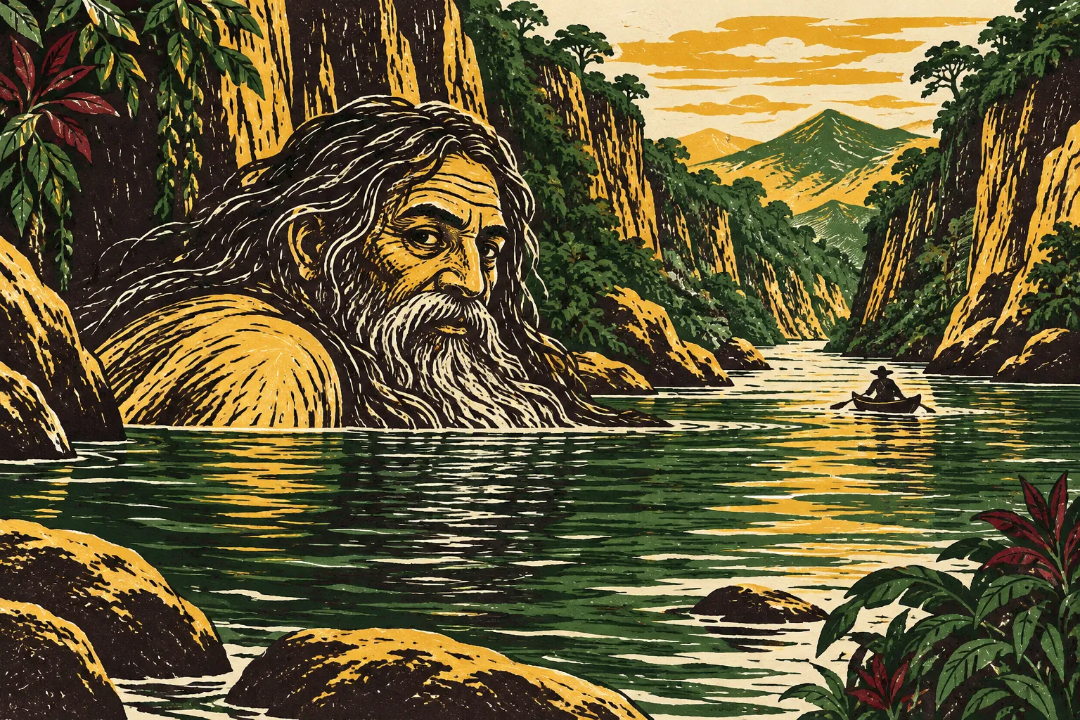 Grabado del Mohán, un viejo gigante de barba larga, medio metido en un charco hondo del río.