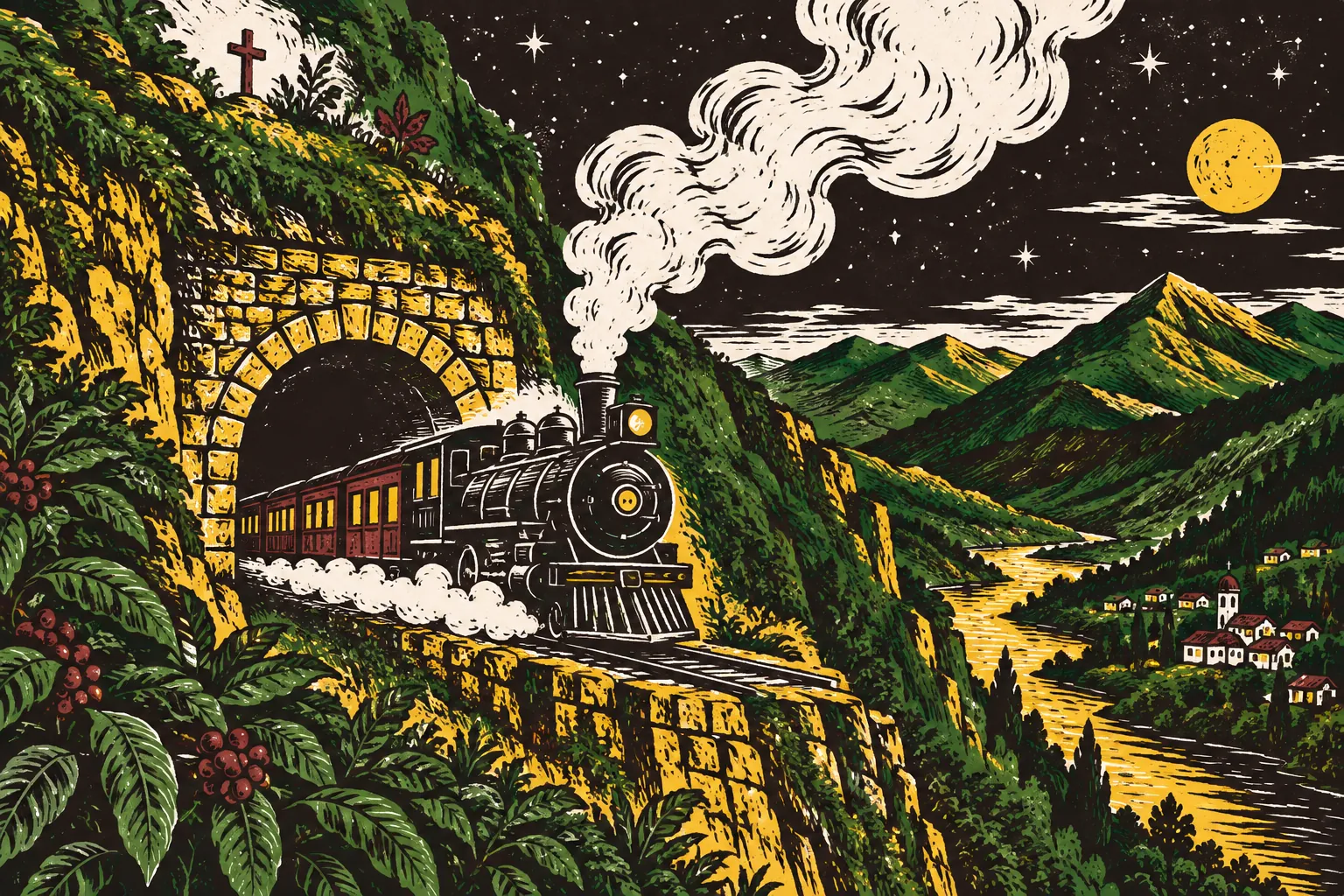 Grabado de una locomotora de vapor que sale de un túnel de noche, con el humo del pito, y una tumba pequeña en la montaña.