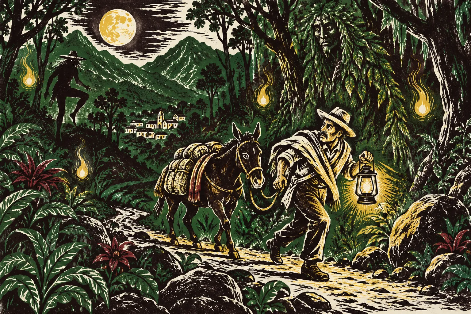 Grabado de un arriero con un farol que camina de noche por el monte, rodeado de sombras de espantos.