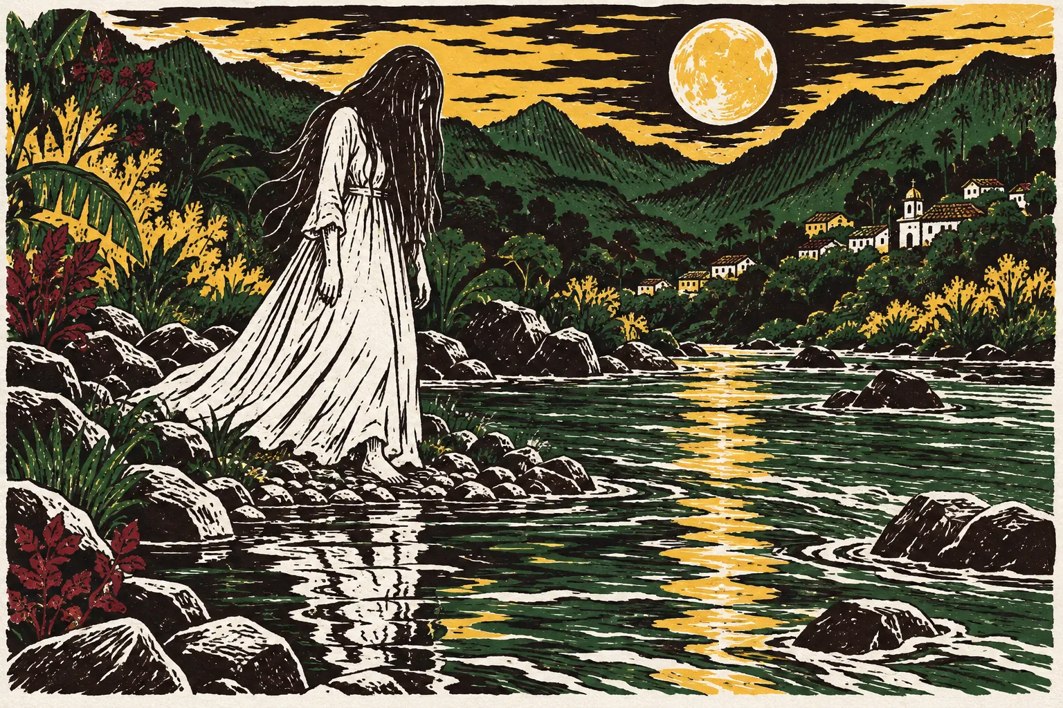 Grabado de la Llorona, una mujer de vestido blanco que camina llorando por la orilla del río en una noche de luna.
