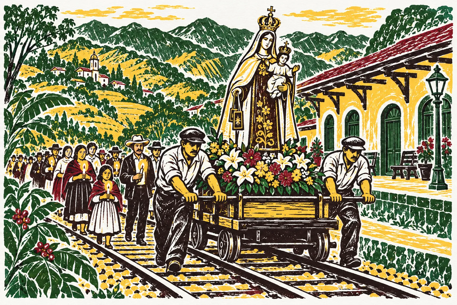 Grabado de una procesión que lleva a la Virgen del Carmen en un carrito sobre los rieles, con ferroviarios y gente con velas.