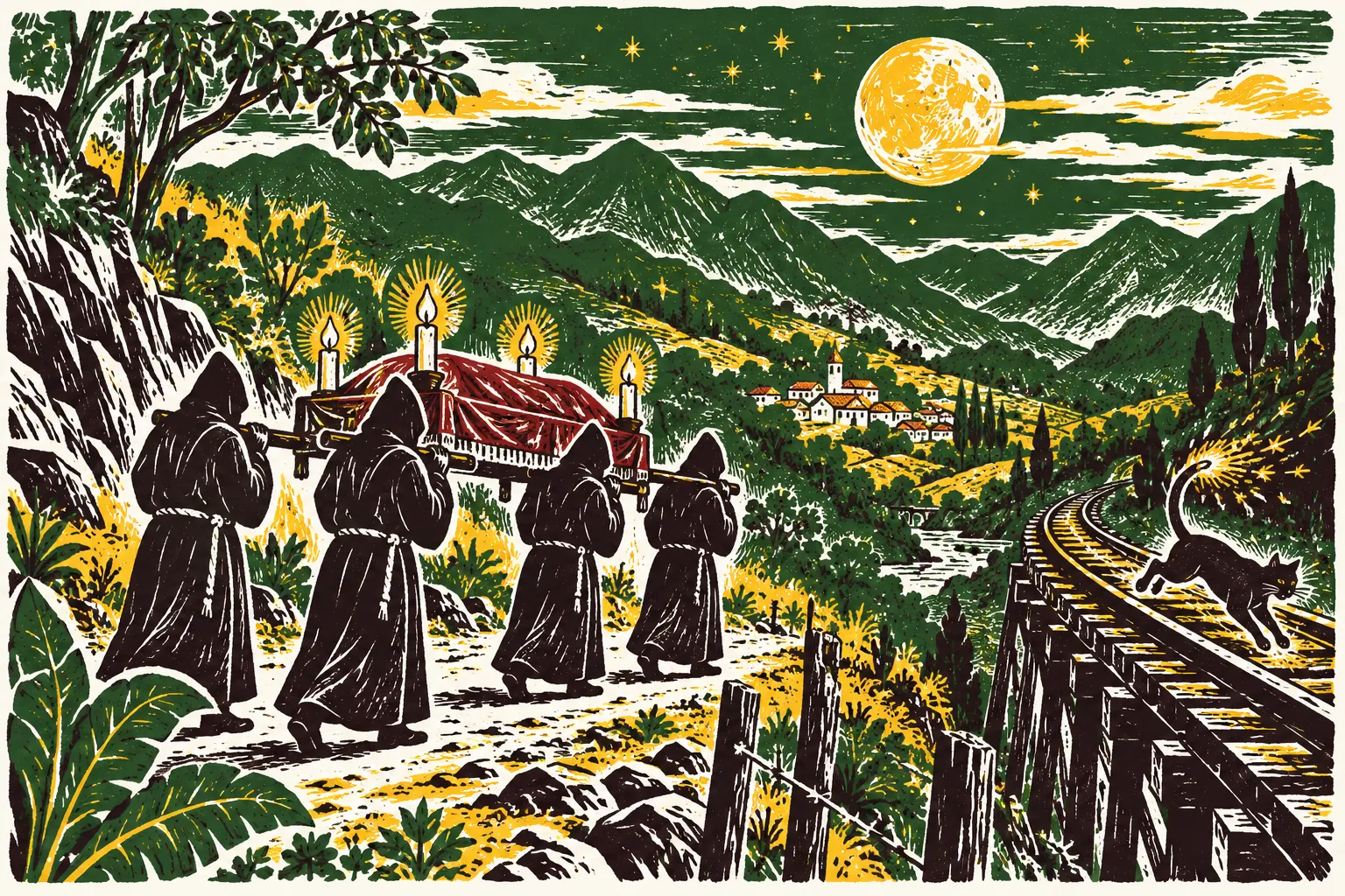 Grabado de una procesión nocturna que carga una camilla con cuatro velas y, al fondo, un gato negro que salta sobre los rieles.