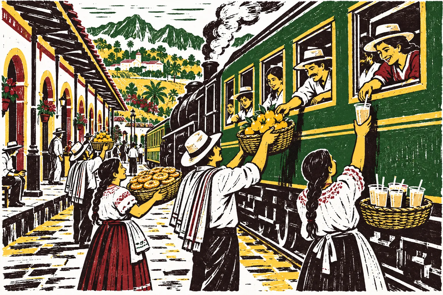 Grabado de venteros con canastos de mandarinas y pasteles que les venden a los pasajeros por la ventana del tren.
