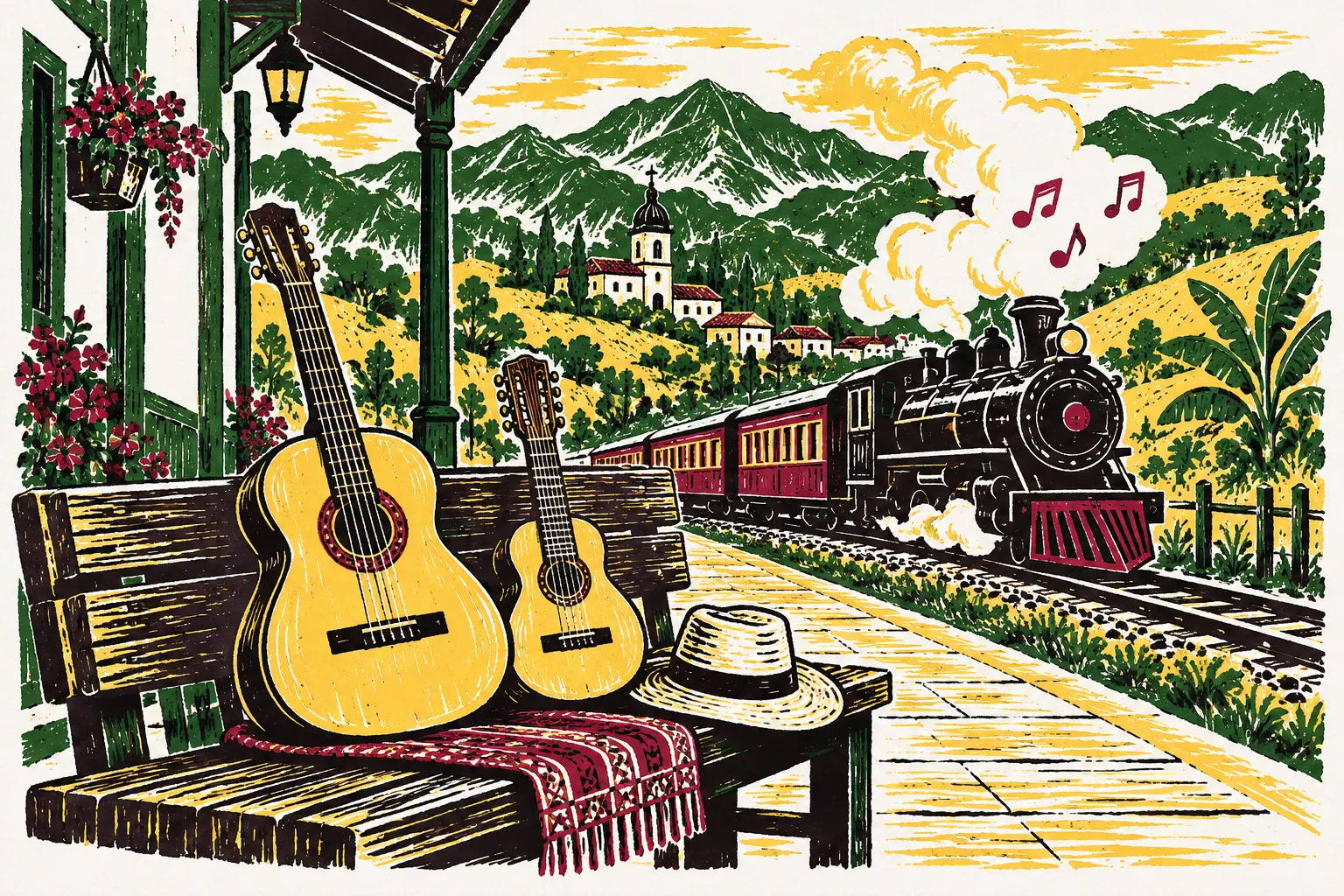 Grabado de una guitarra y un tiple en una banca de la estación, con un tren de vapor que pasa al fondo.