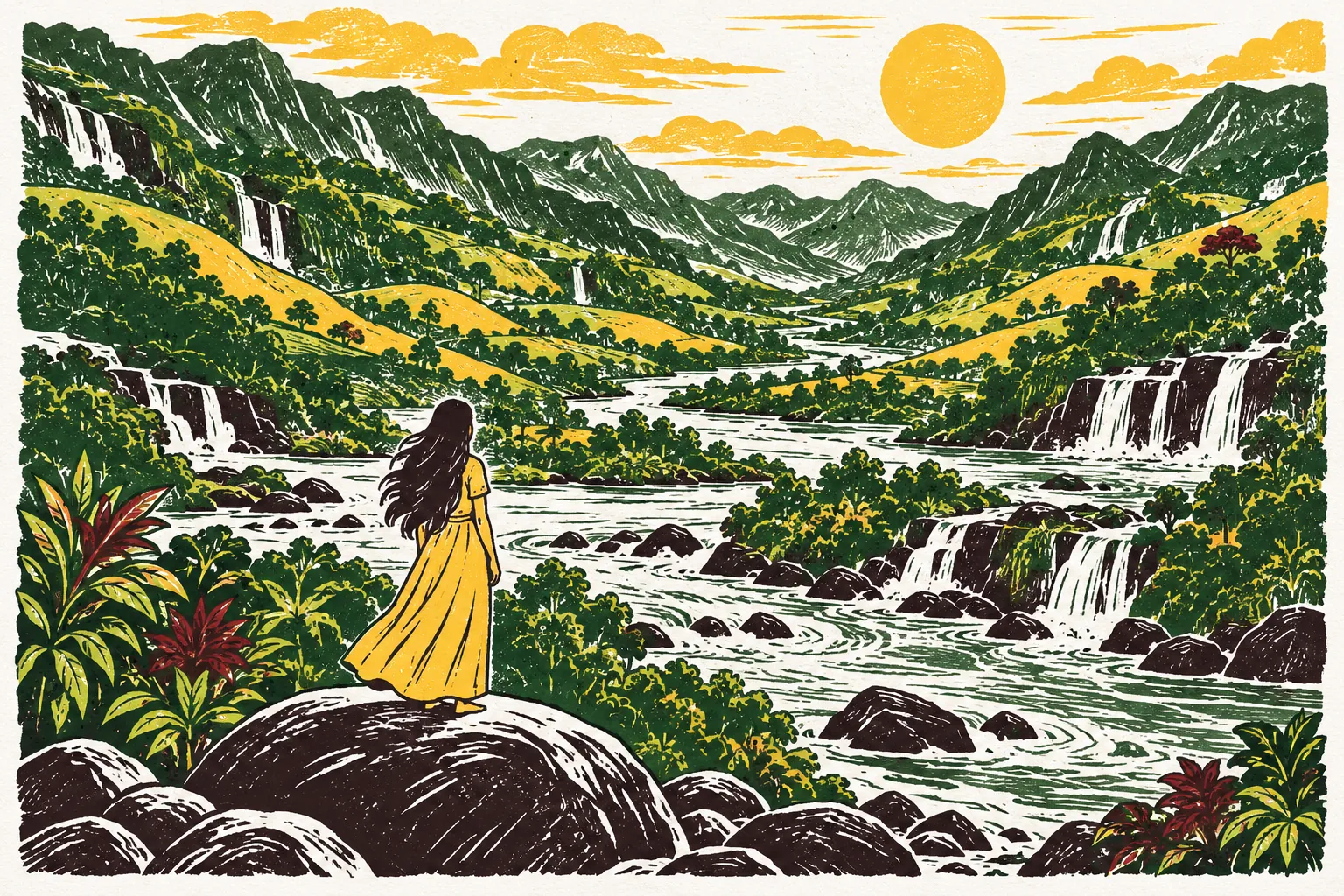 Grabado de un valle con muchas quebradas que bajan al río y una mujer de espaldas que mira las aguas.