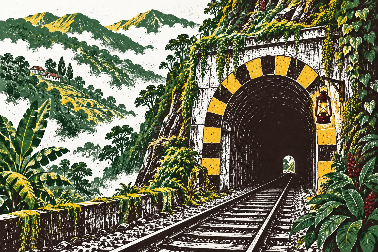 Grabado de la boca de un túnel ferroviario en la montaña, con los rieles que se pierden en la oscuridad y un farol.