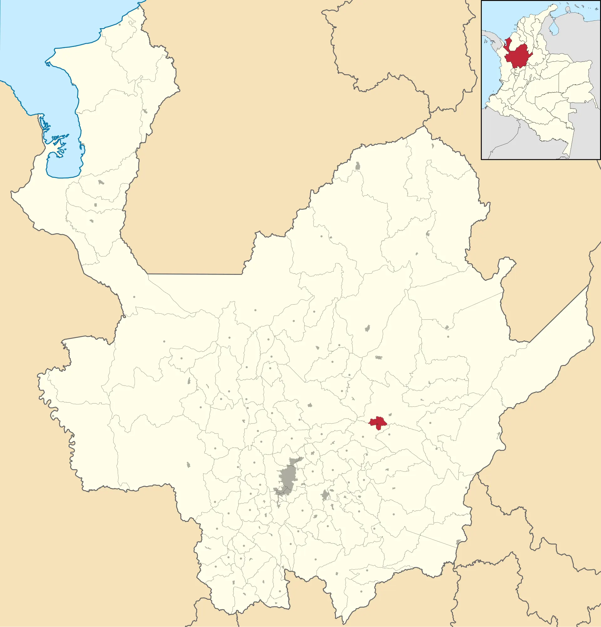 Mapa de localización: Antioquia con el municipio de Cisneros resaltado en rojo y recuadro de Colombia.