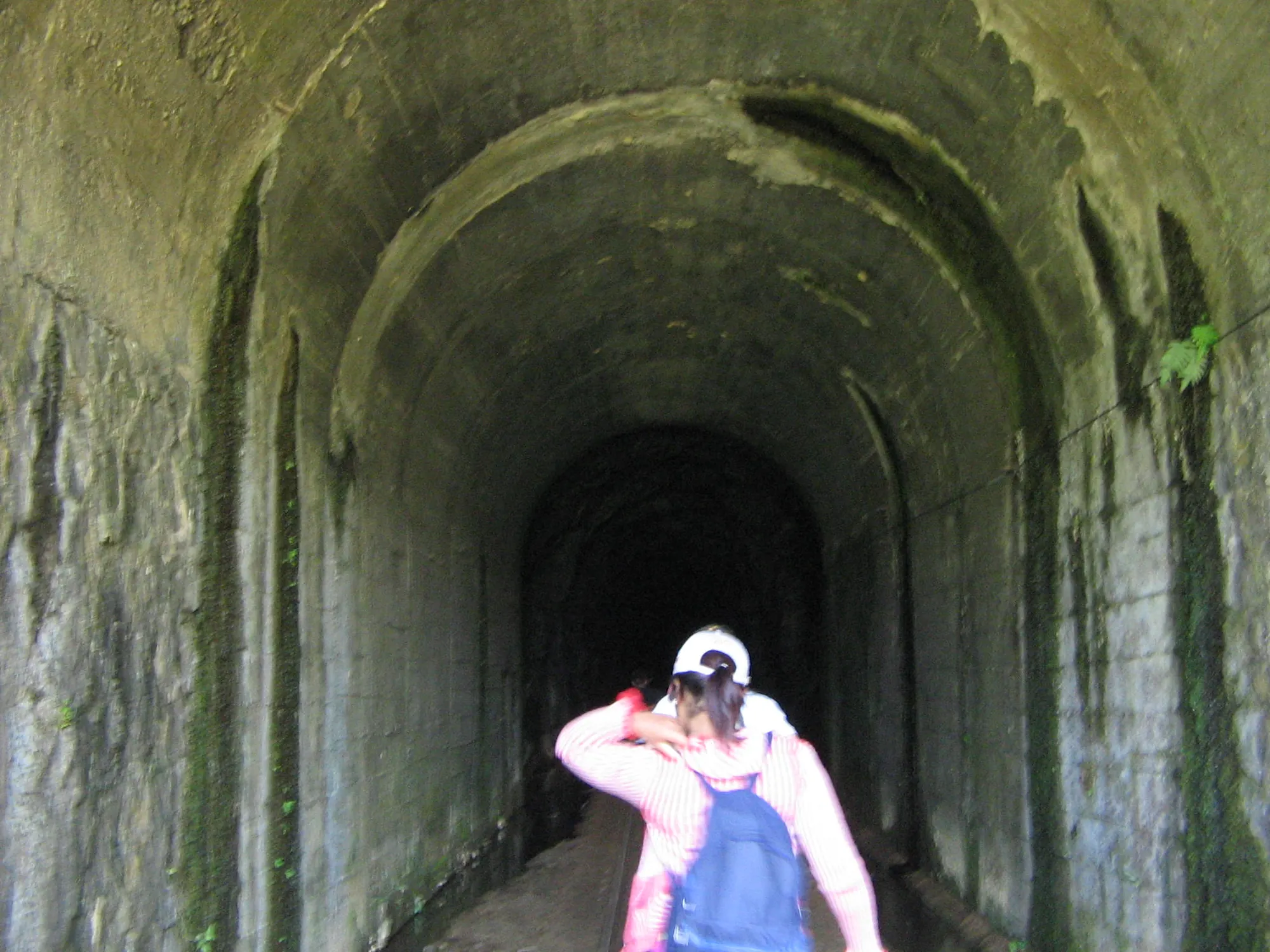 Interior abovedado del túnel cerca de la boca, con una caminante de espaldas y paredes húmedas.