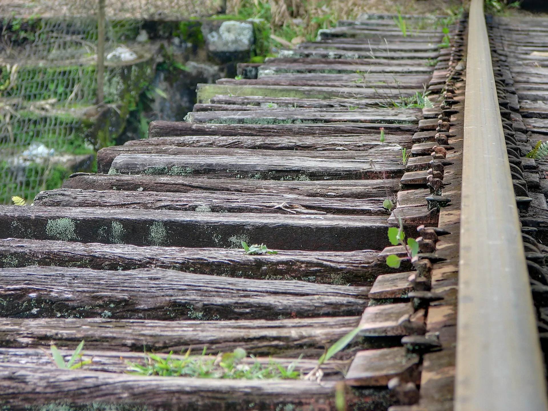Detalle de rieles y traviesas de madera junto a la entrada del túnel.